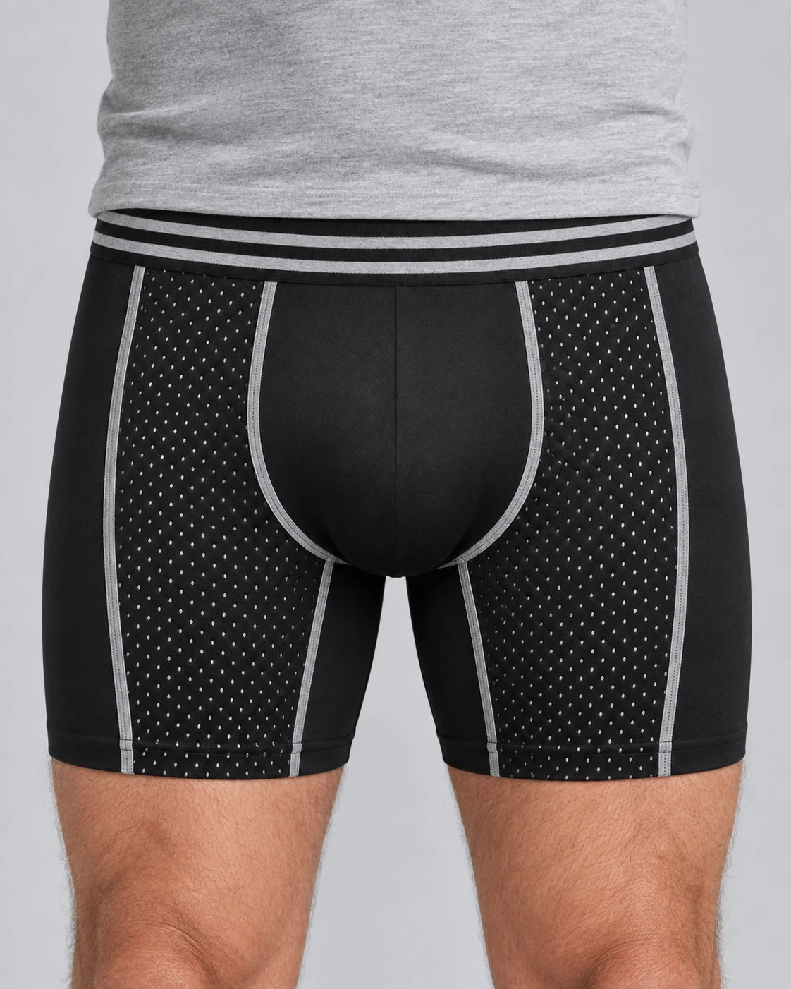 Close-up of Ashby Boxer boxer briefs in black worn, front view