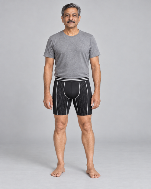 Ashby Boxer boxer briefs in black, front view on a man in his fifties