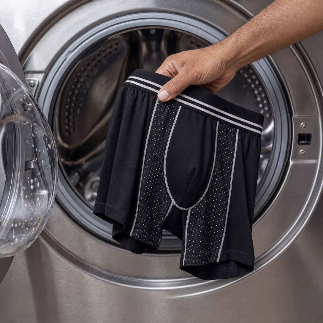 A hand putting black Ashby Boxer boxer briefs into a washing machine